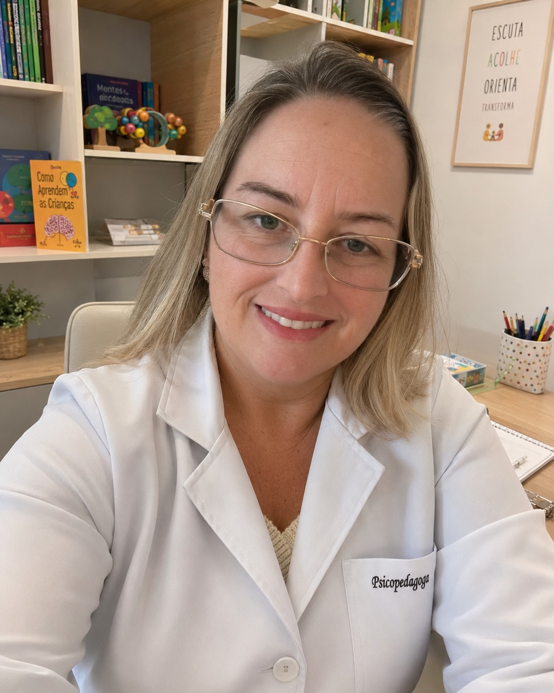 Andreza Barcaro em seu consultório de psicopedagogia